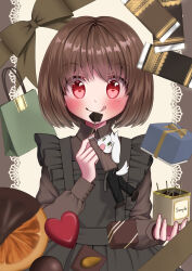 1boy 1other :q almond asriel_dreemurr bag black_dress black_pants black_shoes blush bob_cut bow box brown_bow brown_hair brown_shirt candy chara_(undertale) chocolate chocolate_bar chocolate_heart closed_mouth collared_shirt commentary_request dress english_text eyes_visible_through_hair fingernails fj_0102 food frilled_dress frills fruit furry furry_male gift goat_boy green_bag green_eyes hand_up heart heart-shaped_food highres holding holding_box letterboxed long_sleeves looking_at_food mini_person miniboy open_mouth orange_(fruit) other_focus outside_border pants puffy_long_sleeves puffy_sleeves raised_eyebrows red_eyes shirt shoes shopping_bag short_hair simple_background sleeve_cuffs sleeveless sleeveless_dress smile solo solo_focus straight-on tail tongue tongue_out undertale upper_body white_background