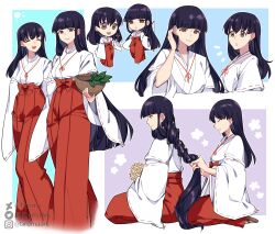 2girls absurdres alternate_universe black_hair blunt_bangs bouquet bow_(weapon) bowl braiding_hair breasts brown_eyes chibi chibi_inset closed_eyes feet_out_of_frame flower full_body hair_between_eyes hair_flower hair_ornament hairdressing hakama hand_in_another&#039;s_hair hand_in_own_hair highres higurashi_kagome holding holding_bouquet holding_bow_(weapon) holding_bowl holding_weapon instagram_username inuyasha japanese_clothes kikyou_(inuyasha) kneeling long_hair long_sleeves medium_breasts miko multiple_girls multiple_views open_mouth parted_lips red_hakama sandals siblings sisters smile tiroma twitter_username weapon wide_sleeves