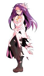 1girl :o asakura_rikako black_socks bow bow_hairband bowtie brown_pants brown_shoes coat commentary_request curtained_hair dairi defeat floating_hair from_side glasses hairband hand_on_own_chest hand_up highres large_variant_set light_blush loafers long_coat long_hair long_sleeves looking_at_viewer pants parted_lips phantasmagoria_of_dim.dream pince-nez pink_bow pink_coat pink_hairband pink_shirt purple_eyes purple_hair raised_inner_eyebrows shirt shoes simple_background socks solo standing sweatdrop tachi-e torn_bow torn_clothes torn_coat torn_pants torn_shirt torn_socks touhou touhou_(pc-98) transparent_background variant_set very_long_hair yellow_bow yellow_bowtie