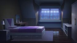 apartment bed bedroom blanket blurry blurry_background book bookshelf bottle cityscape dark desk_lamp drawer highres indoors lamp mirror night no_humans non-web_source official_art our_life:_beginnings_and_always perfume_bottle pillow purple_theme reflective_floor rug scenery table towel vanity_table variant_set wardrobe window window_blinds window_light wooden_floor
