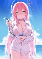 1girl ahoge beach bikini bikini_under_clothes blue_archive blue_sky breasts cai_geng cleavage closed_mouth cloud cowboy_shot day halo hanako_(blue_archive) hanako_(swimsuit)_(blue_archive) highres holding holding_hose hose large_breasts long_hair mole mole_on_thigh ocean outdoors shirt sky smile solo swimsuit very_long_hair water wet wet_clothes wet_shirt white_shirt