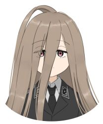 1girl black_cat03 black_jacket black_necktie brown_hair collar_tabs hair_between_eyes jacket long_hair looking_at_viewer military_dress_uniform military_jacket military_uniform nazi necktie purple_eyes sense_(sousou_no_frieren) simple_background solo sousou_no_frieren ss_insignia ss_uniform waffen-ss white_background