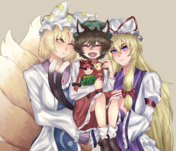 3girls absurdres blonde_hair breasts brown_hair chen dress hat highres large_breasts long_hair multiple_girls purple_eyes ran_sk short_hair tail touhou yakumo_ran yakumo_yukari yellow_eyes