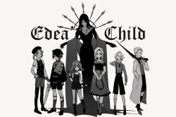 3girls 4boys aged_down alternate_costume arms_out bandage_on_face bandage_over_one_eye bandaged_arm bandaged_hand bandaged_leg bandaged_neck bandages black_dress black_gloves black_hair black_ribbon bob_cut boots breasts newsboy_cap chinese_commentary claws cleavage coat collarbone collared_dress commentary_request dress dress_shirt edea_kramer english_text expressionless facing_to_the_side fermium.ice final_fantasy final_fantasy_viii frilled_dress frills full_body glaring glasses gloves grey_background gun gunblade hair_over_one_eye hair_ribbon hand_up happy hat high_collar highres hobble_dress holding holding_gun holding_nunchaku holding_sword holding_weapon holding_whip irvine_kinneas jacket legwear_garter light_smile long_dress long_hair long_sleeves looking_at_viewer looking_down looking_to_the_side low_ponytail medium_hair monochrome multiple_boys multiple_girls necktie nunchaku open_mouth over_shoulder parted_bangs ponytail quistis_trepe ribbon rifle round_eyewear seifer_almasy selphie_tilmitt shirt shoes short_dress short_hair shorts simple_background sleeveless sleeveless_dress smile spiked_hair spot_color squall_leonhart standing striped_clothes striped_dress suspender_shorts suspenders sweater_vest sword thigh_boots thighhighs vest victorian wavy_hair weapon weapon_over_shoulder wide_sleeves zell_dincht