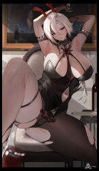 1girl absurdres alternate_costume animal_ears arlecchino_(genshin_impact) armpits arms_up bare_shoulders black_eyes black_hair black_leotard black_pantyhose bottle breasts chair chinese_commentary cleavage clothing_cutout commentary_request detached_collar fake_animal_ears feet_out_of_frame genshin_impact hair_between_eyes highres huge_breasts i_am_not_a_cat indoors jewelry leotard long_hair looking_at_viewer multicolored_hair multiple_rings navel navel_cutout pantyhose peruere_(genshin_impact) picture_frame playboy_bunny rabbit_ears red_pupils ring sitting solo spread_legs strapless strapless_leotard streaked_hair symbol-shaped_pupils two-tone_hair white_hair wine_bottle x-shaped_pupils
