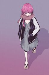 1girl bocchi_the_rock! braid commentary_request dress flat_chest full_body geta highres hiroi_kikuri jacket long_hair looking_at_viewer open_clothes open_jacket purple_eyes purple_hair scarf solo tamaoki_benkyou walking
