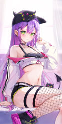 1girl absurdres baseball_cap belt bibi_(tokoyami_towa) black_choker black_hat black_shoes black_shorts black_tank_top center-flap_bangs choker colored_inner_hair colored_shoe_soles commentary_request cropped_jacket demon_girl demon_tail double-parted_bangs ear_piercing earrings fake_horns fishnet_thighhighs fishnets gradient_hair green_eyes hair_between_eyes hair_ornament hairclip hand_up hat highres hololive horned_headwear horns jacket jewelry long_hair long_sleeves looking_at_viewer midriff multicolored_hair navel navel_piercing o-ring o-ring_choker off_shoulder paid_reward_available parted_lips partially_unzipped piercing pink_hair pointy_ears purple_hair shoes short_shorts shorts single_thighhigh sitting sneakers solo spike_piercing tail tail_ornament tail_piercing tank_top thigh_strap thighhighs tokoyami_towa tokoyami_towa_(1st_costume) virtual_youtuber white_belt white_jacket yuki_haru