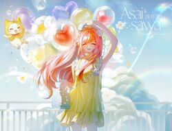 Rule 34 | 1girl, ^ ^, ahoge, animal, balloon, bare arms, bare shoulders, blue flower, blue sky, bow, bowtie, braid, brooch, bubble, cat, choker, cloak, closed eyes, clothed animal, cloud, commission, corded phone, cowboy shot, dress, ear covers, floating, floating hair, flower, flower balloon, flower brooch, frilled dress, frills, fur choker, green choker, green dress, hair bow, hair ornament, happy, heart, heart balloon, heart hair ornament, highres, holding, holding phone, hood, hood up, hooded cloak, long hair, momo (nikki), nikki (nikki), nikki (series), open mouth, orange bow, orange bowtie, petals, phone, pink hair, qianjing ze, rabbit brooch, railing, rainbow, short dress, sidelocks, single braid, sky, sleeveless, sleeveless dress, smile, solo focus, standing, straight-on, sundress, teeth, traditional bowtie, upper teeth only, very long hair, wavy hair, whiskers, white cat, wind, yellow bow, yellow cloak