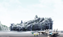2012 atomicgenjin choujikuu_yousai_macross cloud commentary construction construction_site dated epic highres macross mecha repairing robot science_fiction sdf-1 signature sketch spacecraft variable_fighter vf-1