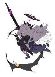 Rule 34 | 1girl, absurdres, black gloves, blue archive, blue coat, coat, commentary request, demon horns, fur-trimmed coat, fur trim, gloves, gun, halo, highres, hina (blue archive), holding, holding gun, holding weapon, horns, ikezawa shin, long hair, looking at viewer, looking up, purple eyes, simple background, solo, standing, weapon, white background, white hair, wings