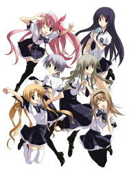 6+girls aoi_sena arms_up black_hairband black_pantyhose black_shoes black_socks black_thighhighs blonde_hair blue_hair bow bowtie brown_hair brown_shoes chaos;head chaos;head_love_chu_chu! clenched_hands closed_eyes collared_shirt dynamic_pose everyone expressionless food frilled_skirt frills glasses hair_bow hair_over_shoulder hair_ribbon hairband headband highres holding holding_food holding_popsicle jumping kishimoto_ayase kneehighs kusunoki_yua long_hair long_skirt looking_at_viewer medium_hair miniskirt multiple_girls multiple_hair_bows necktie nishijou_nanami official_art one_eye_closed open_collar orihara_kozue pantyhose petticoat pink_bow pink_eyes pink_hair plaid_bow plaid_bowtie plaid_clothes plaid_necktie plaid_skirt plaid_sleeves ponytail popsicle purple_bow purple_bowtie purple_hair purple_necktie purple_skirt purple_sleeves red_eyes ribbon round_eyewear sakihata_rimi sasaki_mutsumi school_emblem school_uniform shirt shoelaces shoes short_hair short_sleeves side_ponytail sidelocks simple_background skirt smile socks suimei_academy suimei_school_uniform suimei_summer_uniform summer_uniform teeth thighhighs thighs tongue twintails upper_teeth_only white_background white_petticoat white_shirt white_thighhighs zettai_ryouiki