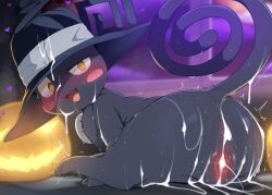 1girl :d after_vaginal aftersex animal animal_sexualization bestiality black_fur black_hair blair_(soul_eater) blush_stickers cat cat_tail cum cum_in_pussy cum_on_body cum_on_headwear dagasi facial from_behind halloween hat highres jack-o&#039;-lantern no_humans open_mouth pumpkin smile soul_eater tail uncensored witch_hat yellow_eyes