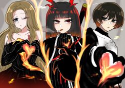 1boy 2girls 4th_match_flame_(e.g.o) antennae black_dress black_eyes black_gloves black_hair black_haori blue_eyes bob_cut brown_hair cigarette dress e.g.o_(project_moon) fire gloves grey_background haori heart heart_hands japanese_clothes limbus_company long_hair looking_at_viewer multicolored_hair multiple_girls myomyomyo114 one_eye_closed orange_hair project_moon red_eyes rodion_(project_moon) ryoshu_(project_moon) short_hair simple_background smoking upper_body yi_sang_(project_moon)
