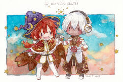 Rule 34 | 2boys, :d, brown coat, brown gloves, capelet, chibi, closed mouth, coat, commentary request, crescent, crescent hat ornament, dark-skinned male, dark skin, dated, fist bump, full body, fur-trimmed capelet, fur trim, gloves, hair between eyes, hat, hat ornament, headphones, high priest (ragnarok online), high wizard (ragnarok online), layered clothes, long sleeves, looking at another, male focus, multiple boys, open mouth, pants, purple headwear, ragnarok online, red capelet, red coat, red hair, shirt, shoes, short hair, smile, star (symbol), star print, tokio (okt0w0), white coat, white footwear, white gloves, white hair, white pants, white shirt, witch hat
