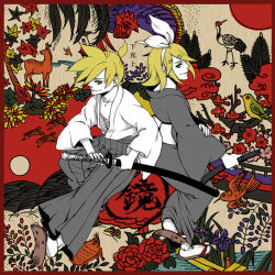 1boy 1girl alcohol bellflower bird blonde_hair boar brother_and_sister bug butterfly cherry_blossoms chrysanthemum clover crane_(animal) cuckoo deer fine_art_parody flower gekokujou_(vocaloid) goose grass hanafuda insect iris_(flower) japanese_clothes kagamine_len kagamine_rin leaf maple_leaf moon nightingale_(bird) nihonga pale_skin parody paulownia peony_(flower) pine_tree plum_blossoms rakuze_moyu red-crowned_crane sake siblings tree twins ukiyo-e vocaloid willow wisteria