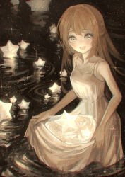 1girl :d bare_shoulders brown_hair commentary_request cowboy_shot dress glowing grey_eyes highres light_particles long_hair looking_at_viewer marutani night open_mouth original outdoors ripples skirt_basket skirt_hold sleeveless sleeveless_dress smile solo standing star_(symbol) wading water white_dress