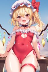 1girl against_railing alternate_costume arm_support blonde_hair blush breasts cameltoe choker clothing_cutout cloud covered_navel crystal crystal_wings fang flandre_day flandre_scarlet hat heart_cutout highres leaning_back looking_at_viewer mob_cap multicolored_wings navel one-piece_swimsuit open_mouth railing red_eyes shirotsuki_shirone side_ponytail skin_fang sky smug solo swimsuit thigh_strap touhou wings