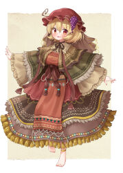1girl aki_minoriko alternate_costume anklet arinu barefoot blonde_hair breasts brown_overskirt brown_ribbon brown_skirt brown_veil commentary_request food frilled_shirt_collar frills fringe_trim fruit fruit_hat_ornament full_body grape_hat_ornament grapes hat highres jewelry large_breasts long_skirt mob_cap neck_ribbon outstretched_arms overskirt paper_background red_eyes red_hat ribbon sash skirt solo standing standing_on_one_leg tassel touhou veil wide_sleeves