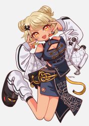 Rule 34 | :d, artist name, blonde hair, braid, breasts, china dress, chinese clothes, cleavage, clothing cutout, deformed, double bun, double v, dress, fang, full body, grey background, hair bun, hair ornament, highres, jacket, jumping, kaminari qpi, kaminari qpi (4th costume), loose socks, medium breasts, medium hair, off shoulder, open clothes, open jacket, open mouth, orange eyes, s poco po05, shoulder cutout, simple background, sleeves past wrists, smile, socks, tassel, tassel hair ornament, v, virtual youtuber, vspo!