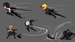 Rule 34 | 2boys, 3girls, attack, black coat, black hair, blonde hair, brown sweater, censored, censored identity, closed mouth, coat, coat on shoulders, don quixote (project moon), faust (project moon), grey background, half updo, highres, holding, holding polearm, holding sword, holding weapon, hong lu (project moon), katana, limbus company, long hair, multiple boys, multiple girls, official art, polearm, project moon, prototype design, ryoshu (project moon), short hair, simple background, sinclair (project moon), sketch, smile, sweater, sword, very long hair, weapon, zweihander