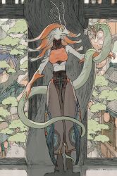 1girl against_tree animal antennae architecture branch bright_pupils brown_pants brown_shoes building claws colored_skin crop_top drop_shadow east_asian_architecture fangs fangs_out faux_traditional_media furry furry_female green_scales green_skin hatching_(texture) high-waist_skirt highres lantern looking_at_animal monster_girl multicolored_skin muted_color orange_skin original pants scales shoes skin_tight skirt sleeveless sleeveless_turtleneck slit_pupils snake snake_wrapped_around_body tanuki_lll tree turtleneck white_pupils yellow_eyes