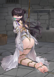 1girl absurdres alternate_costume arms_behind_back ass ball_gag bang_dream! bang_dream!_it&#039;s_mygo!!!!! barefoot bdsm bondage bound bound_toes chinese_clothes chinese_hairpin chuck_(harfmoondark) clothes_lift crotch_rope cuffs dress dress_lift gag hair_ornament hanfu highres kneeling long_hair looking_back mole mole_under_eye prison purple_eyes restrained saliva shackles shibari shiina_taki smell soles steam stone_floor toes torn_clothes torn_dress white_hanfu