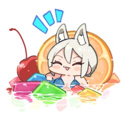 1girl :3 animal_ears bikini blue_bikini blush cherry chibi closed_eyes facing_viewer food fox_ears fruit idolmaster idolmaster_cinderella_girls in_food notice_lines orange_(fruit) orange_slice shiomi_syuko simple_background smile solo swimsuit takato_kurosuke white_background