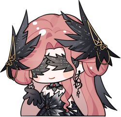 1girl artist_request bare_shoulders bird_wings black_choker black_dress black_gloves black_wings blush_stickers chibi choker closed_mouth collar covered_eyes crimson_feather_(infinity_nikki) cropped_torso detached_collar dress earrings elbow_gloves feather_dress feathered_wings frilled_collar frills gloves gown happy head_wings high_collar infinity_nikki jewelry long_hair multiple_wings nikki_(series) offering_hand official_art outstretched_hand red_hair smile solo strapless strapless_dress transparent_background very_long_hair wavy_hair wings