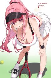 1girl alternate_costume ball bent_over black_hat blunt_bangs breasts cleavage commentary crop_top cropped_shirt english_commentary full_body hand_on_own_knee hat heavy_breathing high_ponytail highres holding_tennis_racket hololive hololive_english large_breasts long_hair looking_at_viewer miniskirt mori_calliope oioi_ainomo open_mouth paid_reward_available pink_eyes pink_hair pleated_skirt ponytail racket shirt shoes sidelocks skirt sneakers socks solo sportswear straight_hair sweatband tank_top tennis_ball tennis_racket tennis_uniform virtual_youtuber visor_cap white_shirt white_shoes white_socks white_tank_top