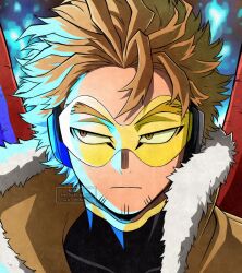 0ksiri0 1boy boku_no_hero_academia brown_hair brown_jacket closed_mouth expressionless fur-trimmed_jacket fur_trim hawks_(boku_no_hero_academia) headphones highres jacket looking_to_the_side male_focus portrait short_hair solo upper_body v-shaped_eyebrows watermark