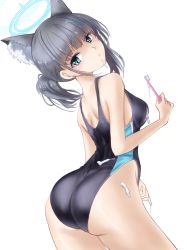 Rule 34 | 1girl, animal ear fluff, animal ears, ass, black one-piece swimsuit, blue archive, blue eyes, breasts, competition swimsuit, covered navel, cowboy shot, cross hair ornament, extra ears, from behind, grey hair, hair ornament, halo, highres, looking back, low ponytail, medium breasts, medium hair, mismatched pupils, multicolored swimsuit, one-piece swimsuit, ponytail, shiroko (blue archive), shiroko (swimsuit) (blue archive), simple background, solo, swimsuit, toothbrush, toothpaste, white background, yokareto omotte