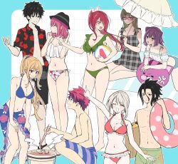 3boys 6+girls :d :o absurdres akanegakubo_momo alternate_costume alternate_hairstyle anger_vein animal_print arato_hisako arm_up bag bare_shoulders barefoot bikini black_hair black_hat black_male_swimwear black_shirt blonde_hair blue_bikini blue_scrunchie bow breasts brown_hair cat_print cleavage collarbone collared_shirt detached_sleeves double_bun dress eye_contact floral_print food frilled_bikini frills full_body glasses green_background green_bikini grey_dress grill grin hair_between_eyes hair_bow hair_bun hair_ornament hair_scrunchie hands_up hat highres holding holding_swim_ring index_finger_raised innertube kinokuni_nene kobayashi_rindou kurokiba_ryou large_breasts long_hair looking_at_another male_swimwear multiple_boys multiple_girls nakiri_alice nakiri_asahi nakiri_erina navel open_clothes open_mouth open_shirt orange_male_swimwear plaid_clothes plaid_dress ponytail profile purple_eyes red_bikini red_bow red_eyes red_hair red_shirt sandals scrunchie shirt shokugeki_no_souma short_hair sitting smile squatting standing stomach striped_male_swimwear sweatdrop swim_ring swimsuit teeth toy-black umbrella white_background white_bikini yellow_background yukihira_souma