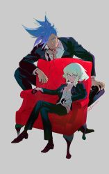 2boys black_gloves black_jacket black_nails black_pants black_shoes blonde_hair blue_eyes blue_hair closed_mouth collar collarbone collared_shirt commentary_request crossed_legs dot_nose dress_shoes elbow_rest eyelashes formal_clothes galo_thymos gloves grey_background hair_between_eyes half_gloves hand_on_own_knee highres holding holding_leash jacket kaninn layered_sleeves leash lio_fotia long_sleeves looking_at_viewer looking_to_the_side male_focus mohawk multiple_boys nail_polish necktie open_clothes open_collar open_jacket pants pink_eyes promare red_collar red_leash shirt shoes short_hair sideways_glance sitting squatting suit_jacket undone_necktie white_shirt wing_collar