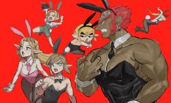 2girls 4boys angry animal_ears black_leotard blonde_hair blue_eyes blue_leotard blush bomb bow bowtie braid breasts brown_footwear closed_eyes covered_navel dancho_no_mori dark_skin detached_collar earrings explosive fake_animal_ears fake_tail fishnet_pantyhose fishnets ganondorf gerudo green_pants high_heels highleg highres jewelry jumping leotard link long_hair male_playboy_bunny mask medium_breasts multiple_boys multiple_girls muscular nintendo open_mouth oshirimarsh pants pantyhose pink_leotard playboy_bunny pointy_ears princess_zelda rabbit_ears rabbit_tail red_background red_eyes red_hair sheik shirt shoes short_hair small_breasts socks strapless strapless_leotard super_smash_bros. sweatdrop tail the_legend_of_zelda the_legend_of_zelda:_a_link_between_worlds the_legend_of_zelda:_breath_of_the_wild the_legend_of_zelda:_ocarina_of_time the_legend_of_zelda:_the_wind_waker toon_link traditional_bowtie triforce white_shirt white_socks wide-eyed wrist_cuffs yellow_eyes young_link