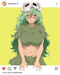 1girl absurdres arrancar artist_name bleach breasts facial_mark female_focus green_hair highres instagram_username large_breasts long_hair looking_at_viewer mask mask_on_head midriff nelliel_tu_odelschwanck scar scar_on_face simple_background skull_on_head solo stayaliveplz torn_clothes yellow_background yellow_eyes