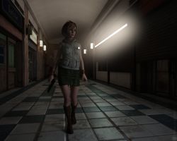 1girl 3d artist_request breasts full_body gun handgun heather_mason highres holding holding_weapon jacket lips looking_to_the_side medium_breasts short_hair silent_hill silent_hill_(series) silent_hill_3 skirt sleeveless sleeveless_turtleneck solo turtleneck vest walking weapon wristband