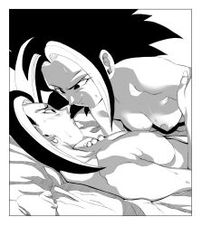2girls absurdres black_eyes black_hair blush breasts caulifla dragon_ball dragon_ball_super earrings girl_on_top head_cha_la highres jewelry kale_(dragon_ball) medium_breasts monochrome multiple_girls naughty_face on_bed saiyan single_earring small_breasts sweat yuri