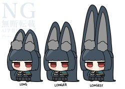 1girl absurdly_long_hair absurdres animal_ear_fluff animal_ears aqua_capelet black_hair black_necktie black_skirt blunt_bangs blunt_ends blush_stickers chibi commentary_request highres hime_cut hoshimi_miyabi jitome long-eared_miyabi_(meme) long_hair meme multiple_views necktie no_mouth pleated_skirt red_eyes shinonome_nashi shirt simple_background skirt solo standing very_long_ears very_long_hair watermark white_background white_shirt zenless_zone_zero