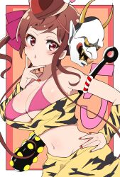 1girl animal_print bikini blush breasts brown_hair cleavage club club_(weapon) collarbone commentary_request cowboy_shot hair_bun hand_on_own_hip highres hoken0309 kanabou kouhaku_nawa large_breasts looking_at_viewer mask mask_on_head nail_polish navel oni_costume oni_mask orange_background parted_lips pink_bikini print_arm_warmers red_nails rope shimenawa short_hair_with_long_locks sidelocks simple_background single_hair_bun solo stomach string_bikini swimsuit tiger_print weapon weapon_on_back yuugiri_(zombie_land_saga) zombie_land_saga