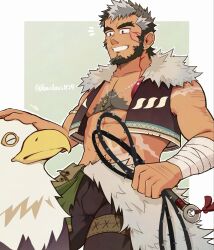 1boy abs affectionate another_eidos-r bacibaci1129 bara beard bird character_request chest_tuft cowboy_shot eagle earrings facial_hair full_beard grin hairy highres jewelry male_focus mature_male muscular muscular_male navel_hair notice pectoral_cleavage pectorals short_hair smile solo standing stomach thick_eyebrows