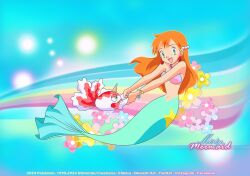 1girl bare_arms bikini breasts earrings full_body gen_1_pokemon goldeen green_eyes hair_ornament highres jewelry long_hair mermaid mermaid_costume mermaid_misty_(pokemon) misty_(pokemon) monster_girl navel necklace neica nintendo orange_hair pokemon pokemon_(anime) pokemon_(classic_anime) seashell shell shell_bikini solo swimsuit underwater water wet