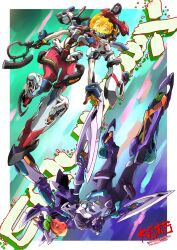 2girls amate_yuzuriha aqua_eyes armor axe bodysuit breasts commentary_request cosplay gfred gfred_(cosplay) gquuuuuux green_eyes gundam gundam_gquuuuuux headgear heat_hawk helmet highres holding holding_axe holding_weapon long_hair looking_at_viewer mecha mecha_musume mecha_pilot_suit mechanical_arms multicolored_bodysuit multiple_girls normal_suit_(gundam) nyaan_(gundam_gquuuuuux) open_mouth power_armor red_hair robot science_fiction short_hair space_helmet taiga_hiroyuki thrusters v-fin weapon zeon