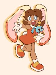 1girl amie_sanchez artist_name chao_(sonic) cheese_(sonic) commentary cosplay cream_the_rabbit cream_the_rabbit_(cosplay) english_commentary eyelashes highres mario_(series) nintendo open_mouth princess_daisy raised_eyebrows shoes sonic_(series) teeth tongue upper_teeth_only