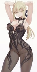 1girl absurdres ahoge armpits arms_up artoria_pendragon_(fate) black_ribbon blonde_hair breasts fate/grand_order fate_(series) hair_ribbon highres kakeku long_hair looking_at_viewer low_ponytail medium_breasts ponytail ribbon saber_alter sidelocks solo thighs yellow_eyes