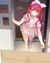 Rule 34 | 1girl, absurdres, blunt ends, blurry, blurry foreground, blush, bow, bow earrings, bow hairband, breasts, center-flap bangs, character name, cleavage, cleavage cutout, closed mouth, clothing cutout, commentary, criss-cross halter, dated, door, dress, earrings, envelope, eyes visible through hair, full body, hairband, halter dress, halterneck, heart, heart earrings, heterochromia, highres, hololive, houshou marine, houshou marine (loungewear), jewelry, kintotomaturi, looking at viewer, manila envelope, nameplate, off-shoulder dress, off shoulder, open door, opening door, pov, red eyes, red hair, ribbon-trimmed dress, ribbon trim, sandals, scrunchie, short dress, side slit, signature, slides, solo, standing, stuffed animal, stuffed toy, teddy bear, tile floor, tiles, toothbrush, toothbrush in mouth, toothpaste, virtual youtuber, white bow, white dress, white hairband, white sandals, white scrunchie, wrist scrunchie, yellow eyes
