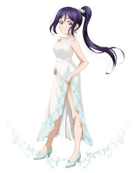 1girl artbook blush breasts collarbone dress floating_hair full_body hair_between_eyes hair_ornament high_heels high_ponytail highres long_hair looking_at_viewer love_live! love_live!_sunshine!! matsuura_kanan medium_breasts non-web_source official_art ponytail pumps purple_eyes purple_hair simple_background sleeveless sleeveless_dress smile solo standing white_background white_dress