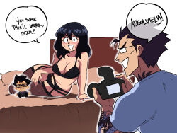bed belly black_hair black_thighhighs blush bra breasts camera cleavage english_text garter_belt garter_straps highres holding holding_camera housewife husband_and_wife kiyoshi_(the_dragon_tamer) large_breasts lingerie making_pornography merchandise on_bed smile speech_bubble stuffed_toy taking_picture the_dragon_tamer thick_thighs thighhighs thighs tina_fate underwear yuko_(the_dragon_tamer)
