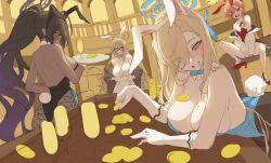 Rule 34 | 4girls, absurdres, akane (blue archive), akane (bunny) (blue archive), animal ears, asuna (blue archive), blue archive, breasts, coin, fake animal ears, grin, highres, karin (blue archive), karin (bunny) (blue archive), large breasts, leotard, looking at viewer, multiple girls, neru (blue archive), neru (bunny) (blue archive), netural, orange hair, playboy bunny, rabbit ears, smile, table, twitter