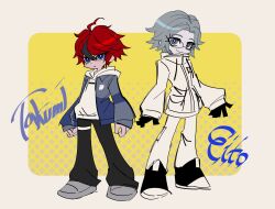 2boys ahoge aotsuki_eito black_gloves black_pants blue_eyes blue_jacket border character_name commentary drawstring english_commentary full_body glasses gloves grey_hair grey_jacket highres hood hoodie jacket jacket_over_hoodie looking_at_viewer male_focus multicolored_hair multicolored_jacket multiple_boys outside_border pants panty_&amp;_stocking_with_garterbelt_(style) parody red_hair short_hair simple_background smile streaked_hair style_parody sumino_takumi takumi_go_lucky the_hundred_line_-last_defense_academy- two-tone_jacket white_border white_hoodie white_jacket white_pants yellow_background
