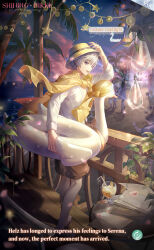 1boy artist_request bird black_sandals black_shorts bracelet card_(medium) ceiling_light character_name cloud commentary copyright_name english_commentary english_text floating_clothes full_body grey_eyes grey_hair hand_on_headwear happy hat helz_(shining_nikki) highres holding holding_swim_ring innertube jacket jacket_on_shoulders jewelry light_particles light_rays logo long_sleeves male_focus mole nikki_(series) ocean official_art open_mouth outdoors palm_tree people petals sandals seagull second-party_source shining_nikki shirt short_hair shorts star_(symbol) string_of_light_bulbs summer sunset swim_ring teeth tree upper_teeth_only white_innertube white_shirt wind yellow_hat yellow_jacket